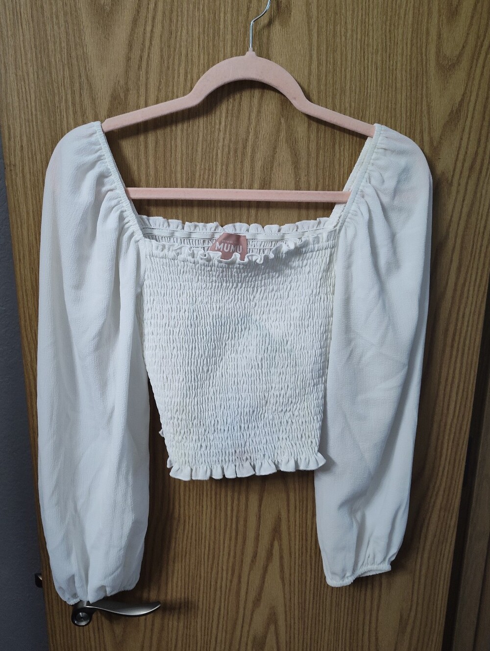 White Smocked Long-Sleeve Square Neck Top